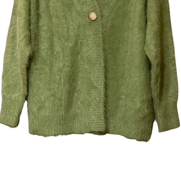 Lee Sands Angora Blend Cardigan OS Pea Green Single Button NWT Cozycore Vintage - Picture 5 of 9